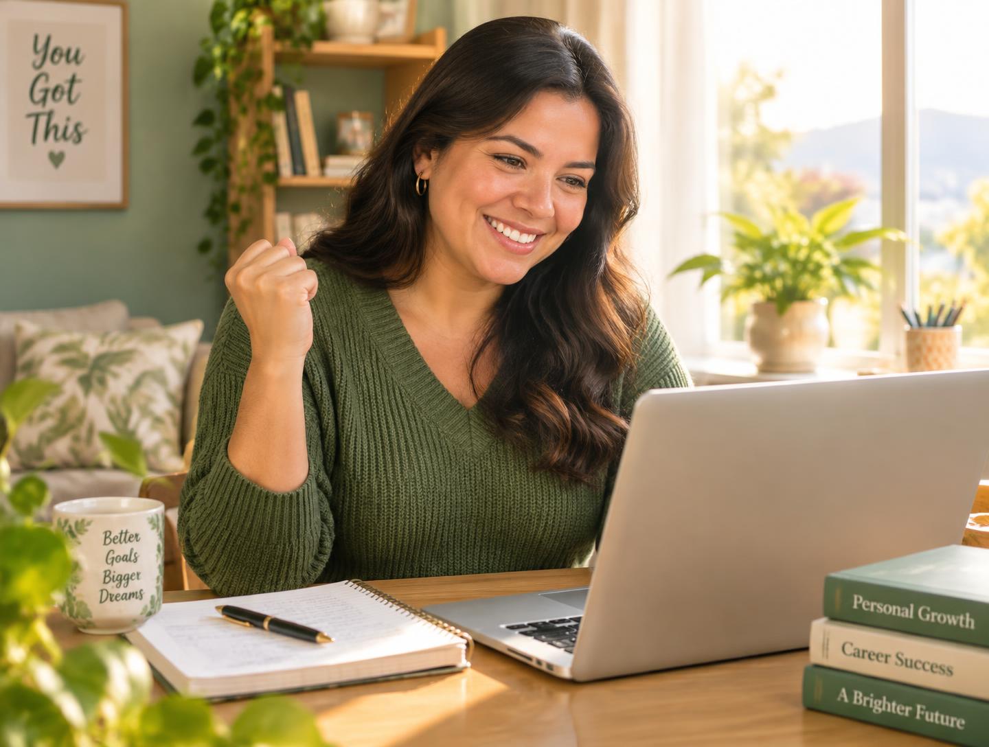 Mujer latina adulta sonriendo con entusiasmo frente a su computadora mientras estudia en casa
